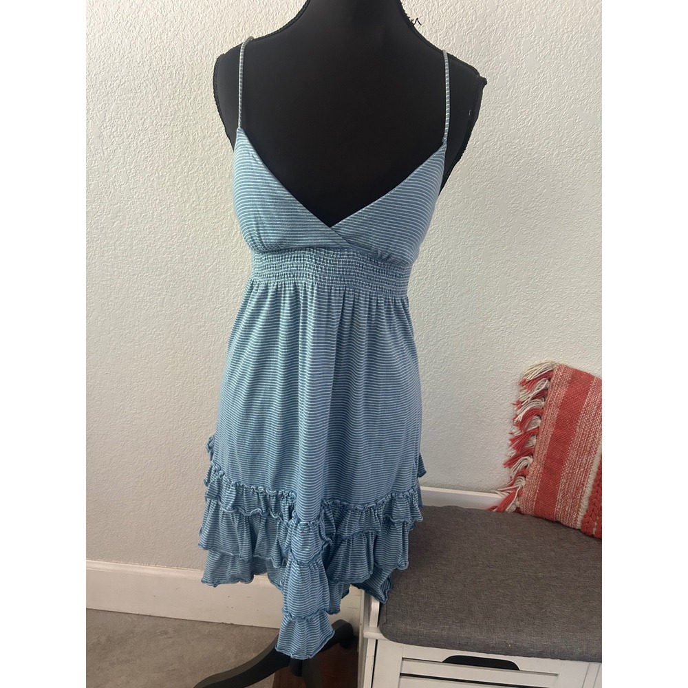 Y2K VS PINK University Blue White Striped Ruffle Mini babydoll Sun Dress XS
